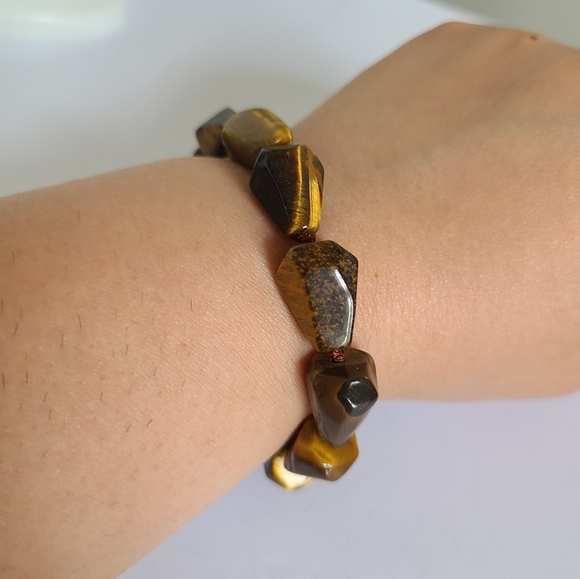 Vintage Boho Chunky Brown Tiger's Eye Gemstone Adjustable Beaded String Bracelet - Picture 4 of 7